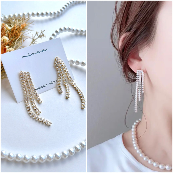 silver925芯 ビジューのタッセルピアス イヤリング ピアス（スタッド  