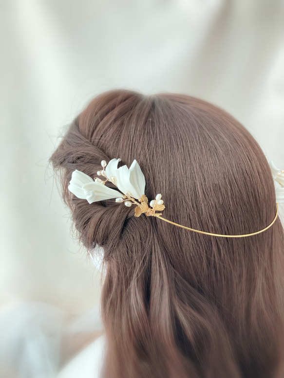 ★限定★結婚式　ブライダル　パール　花　白　ゴールド　バックカチューシャ　ヘッドドレス　 H026 11枚目の画像