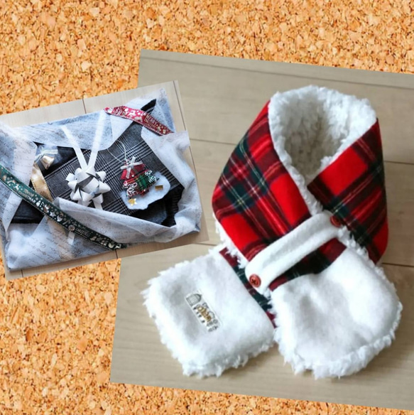 キッズマフラー・子供用マフラー・赤のタータンチェック・白のプードルボア・軽くて暖か・リバーシブル・クリスマスプレゼント 2枚目の画像