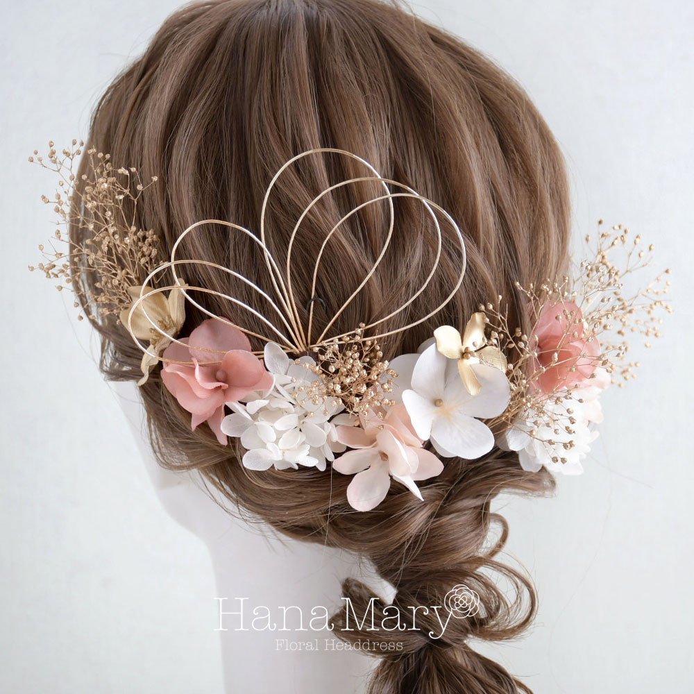 水引アレンジ　袴　紐アレンジ　水引きアレンジ　ドライフラワー　ドライ　水引き　卒業式　成人式 髪飾り ゴールド　赤　白