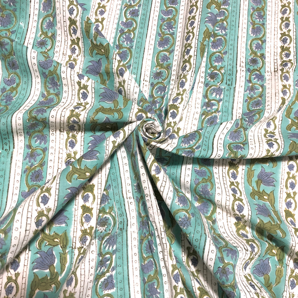 【50cm單位】鈷綠色條紋花印度手工塊印花布料棉 第1張的照片