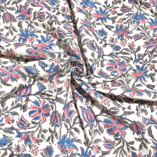 50cm単位】ホワイトブルーピンクフラワー インド ハンドブロック