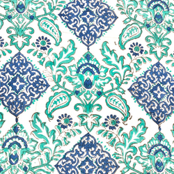 【50cm單位】白藍綠優雅設計，一側邊框印度手工塊印花布料棉質 第3張的照片