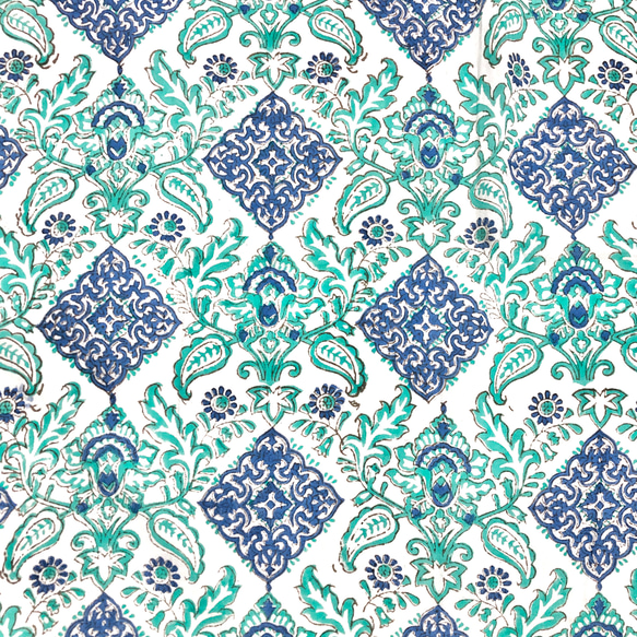【50cm單位】白藍綠優雅設計，一側邊框印度手工塊印花布料棉質 第4張的照片