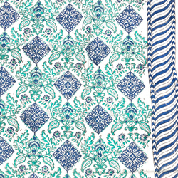 【50cm單位】白藍綠優雅設計，一側邊框印度手工塊印花布料棉質 第1張的照片