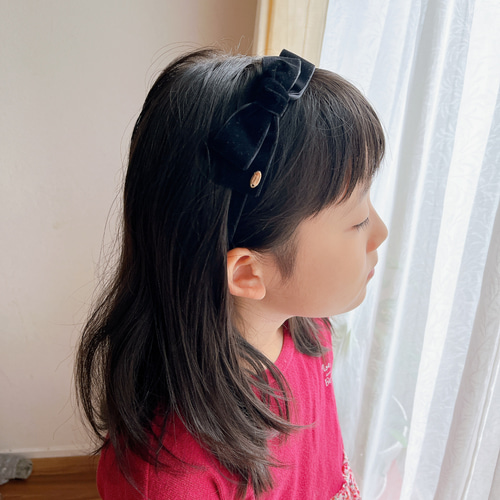 再販9】ベルベット ベロア ブラックリボン カチューシャ こども