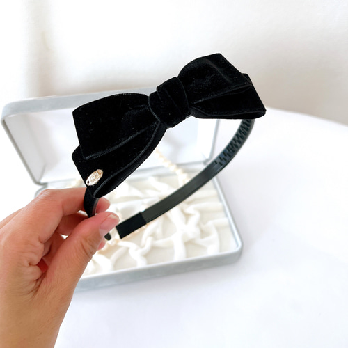 再販9】ベルベット ベロア ブラックリボン カチューシャ こども