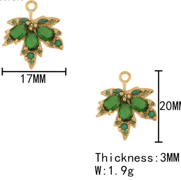 高品質★K18GP★ジルコニア★紅葉のチャーム（緑）★パーツ/②個入 4枚目の画像