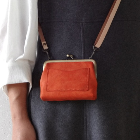 がま口財布ポシェット(ストラップ付き)  イタリアンレザー《オレンジ》【送料無料】