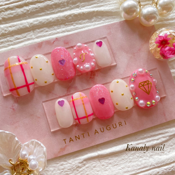 No.48 オーダー ネイルチップ チェック ガーリー ピンク ネイル