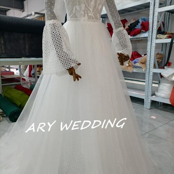 フランス風 オフホワイト フレア袖 ウエディングドレス 3D立体レース刺繍 セクシー 結婚式 /挙式 3枚目の画像