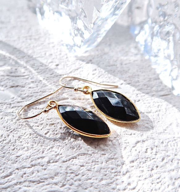 14KGF/ BLACK ONYX MARQUISE EARRINGS 1枚目の画像