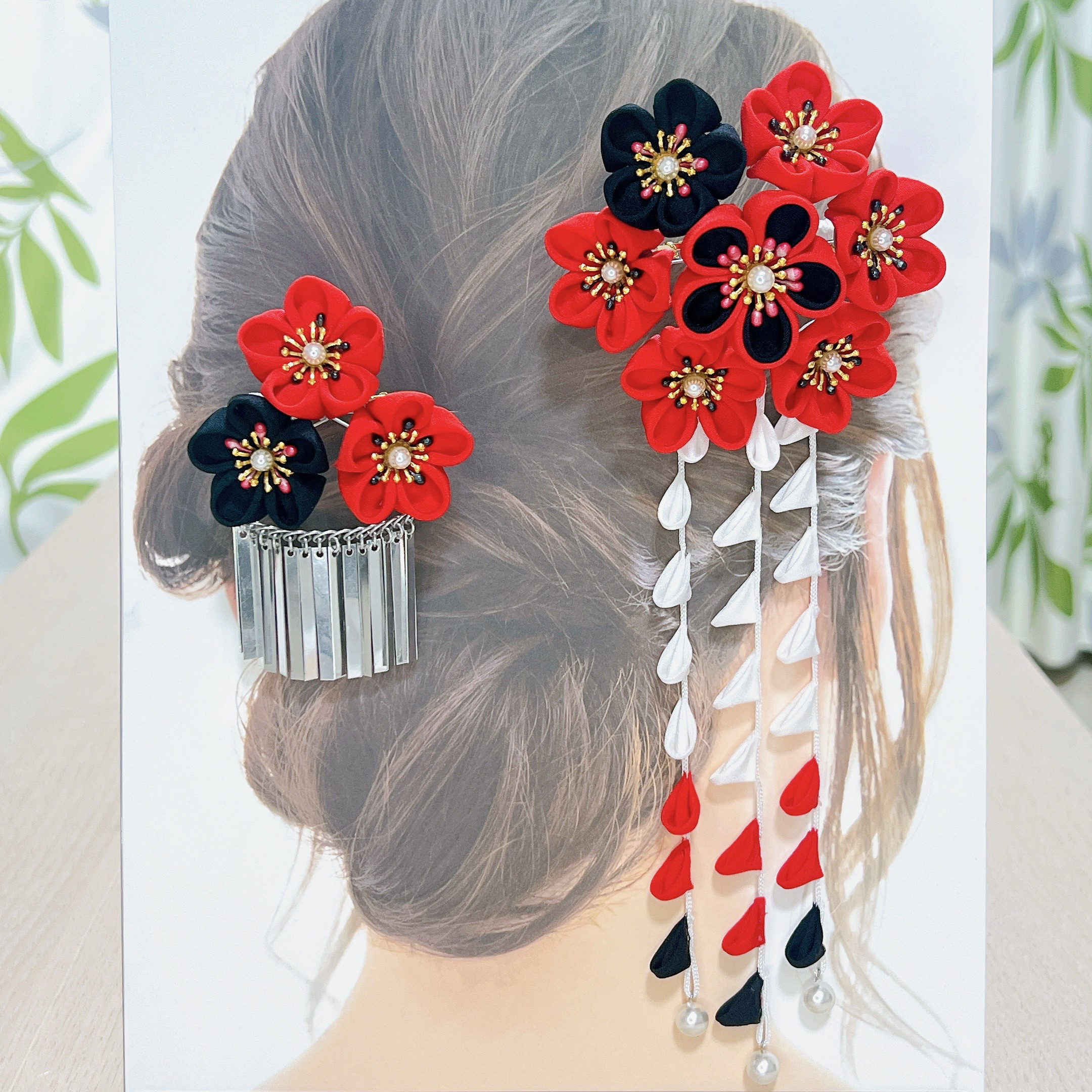 成人式　七五三の髪飾り　コーム2点セット　深紅色×黒色 7,238円