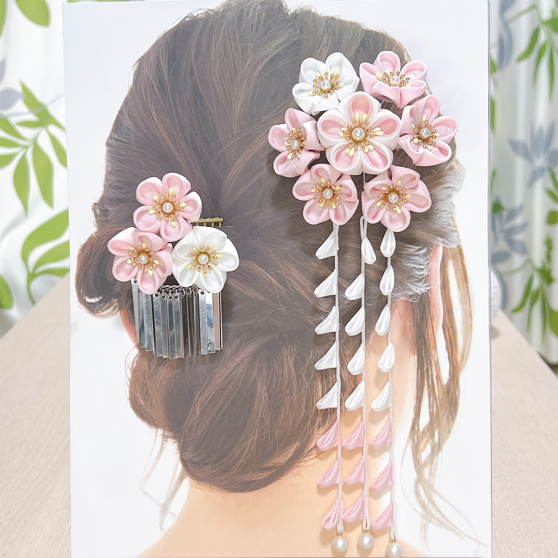 成人式　七五三の髪飾り　コーム2点セット　桃色×白色