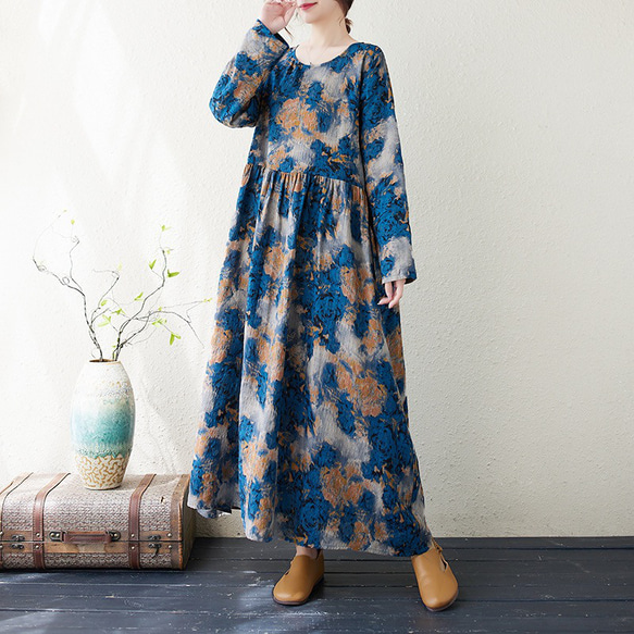 秋のワンピース、綿麻ワンピース、綿麻ロング丈スカート、コットン