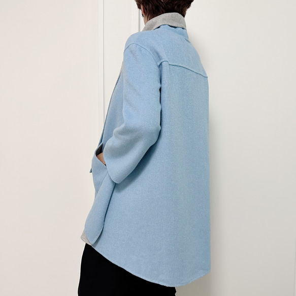【送料無料・1点物】リボン衿ショートコート（ブルー・グレー） 4枚目の画像