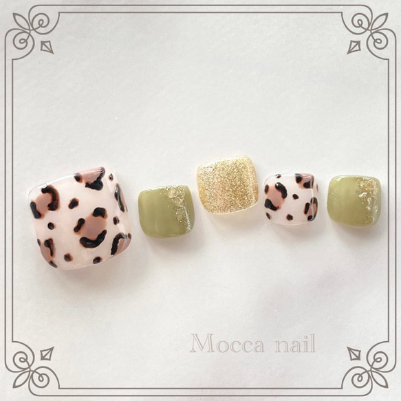 164】 レオパード × カーキ フットネイルチップ ヒョウ柄/秋冬  