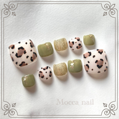 164】 レオパード × カーキ フットネイルチップ ヒョウ柄/秋冬  