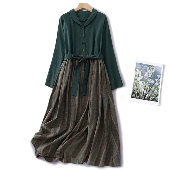 秋のワンピース、綿麻ワンピース、綿麻ロング丈スカート、コットンリネンワンピース 1枚目の画像