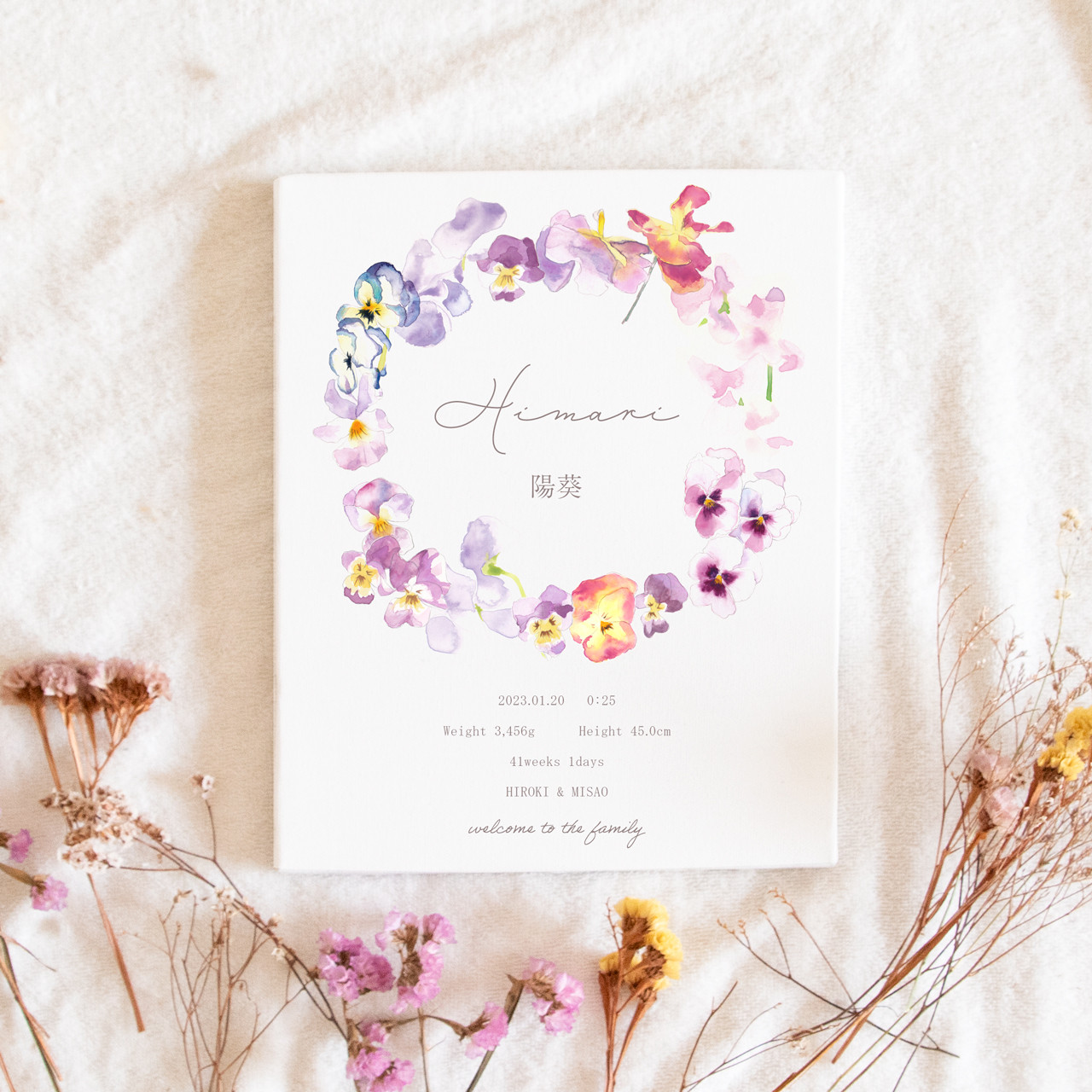 水彩の小さなお花の命名書  ビオラ パンジー 名入れ  オーダーメイド ベビーポスター キャンバス