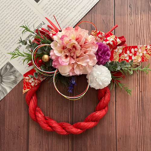 No.205 和柄リボンしめ縄リース2024 ハンドメイドお正月飾り玄関リース