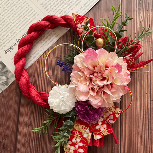 No.205 和柄リボンしめ縄リース2024 ハンドメイドお正月飾り玄関リース