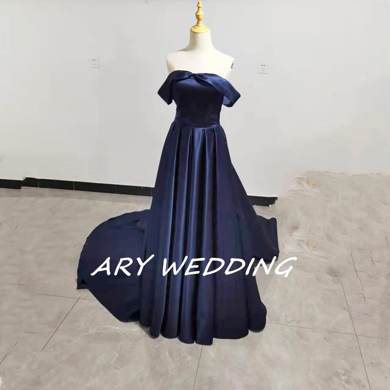 高品質！パーティードレス オフショル 紺 光沢サテン エレガント プリンセスライン 拳式/前撮り