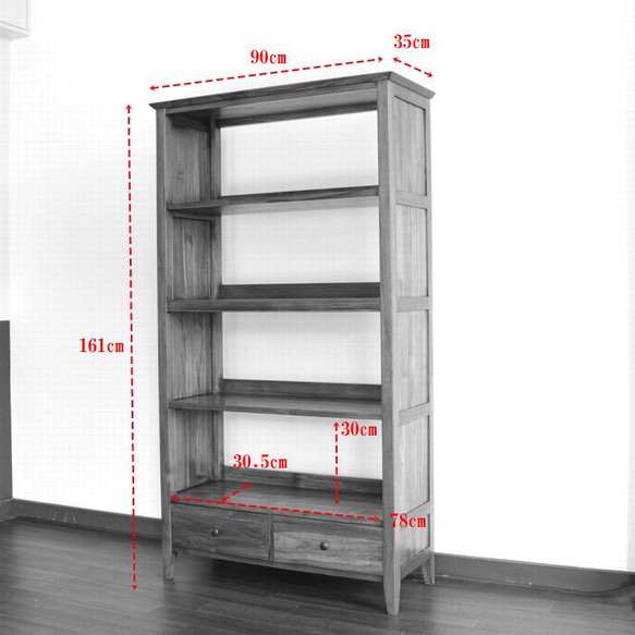 本棚 ブックシェルフ チーク家具 木製 無垢 収納棚 ディスプレイ ラック 引出し  90x35x161 F0482 8枚目の画像