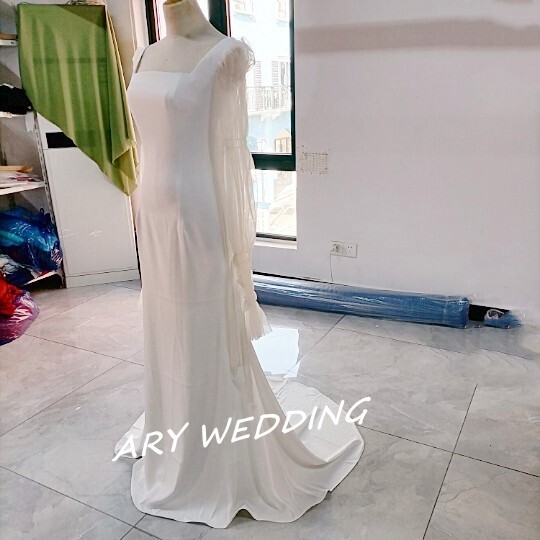 フランス風 スクエアネック  姫袖 ウエディングドレス   マーメイドライン 2次会/披露宴/挙式/前撮り