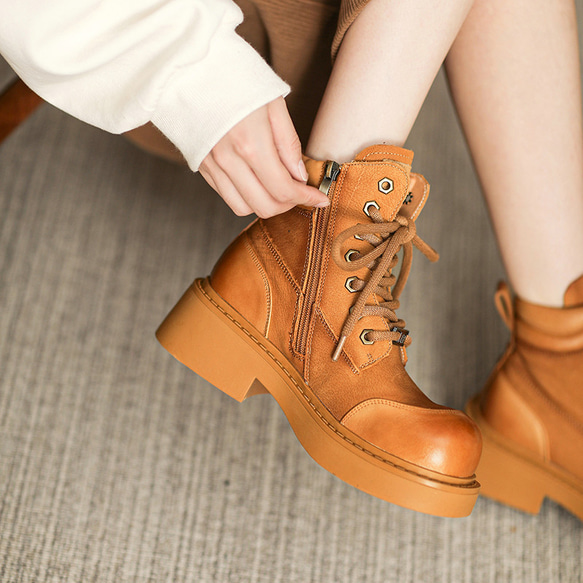 秋冬女式真皮鞋厚底鞋舒適馬丁靴短靴22.5公分-25公分#857褐色⭐免運費⭐ 第5張的照片
