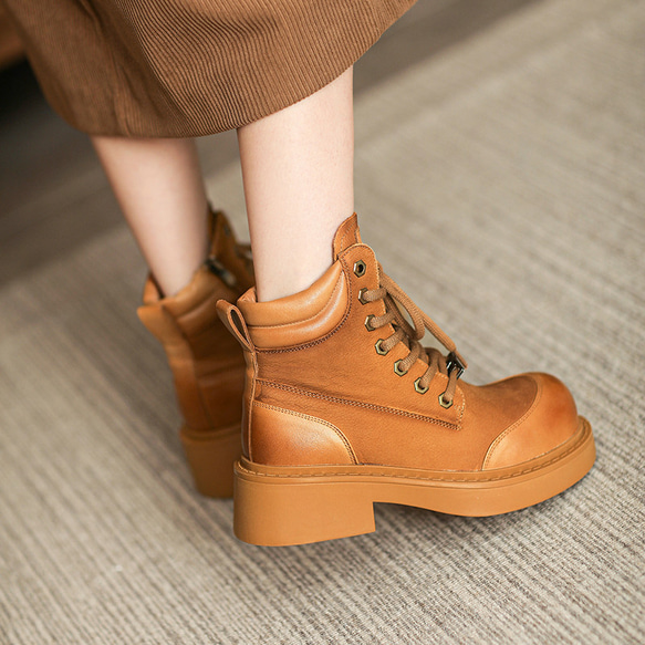 秋冬女式真皮鞋厚底鞋舒適馬丁靴短靴22.5公分-25公分#857褐色⭐免運費⭐ 第4張的照片
