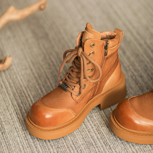秋冬女式真皮鞋厚底鞋舒適馬丁靴短靴22.5公分-25公分#857褐色⭐免運費⭐ 第9張的照片