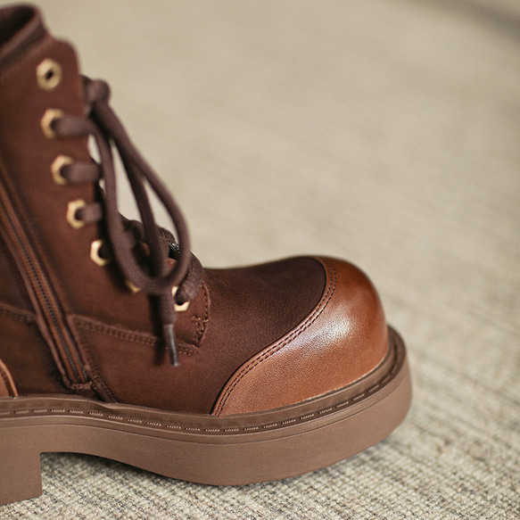 秋冬女式真皮鞋厚底鞋舒適馬丁靴短靴22.5公分-25公分#857咖啡色⭐免運費⭐ 第11張的照片