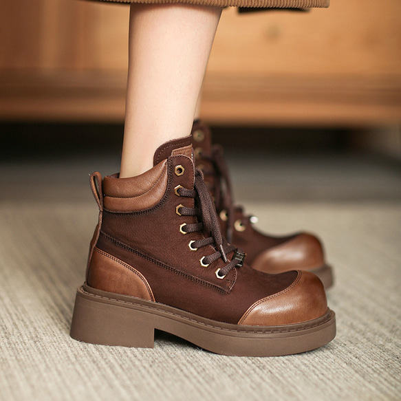 秋冬女式真皮鞋厚底鞋舒適馬丁靴短靴22.5公分-25公分#857咖啡色⭐免運費⭐ 第5張的照片