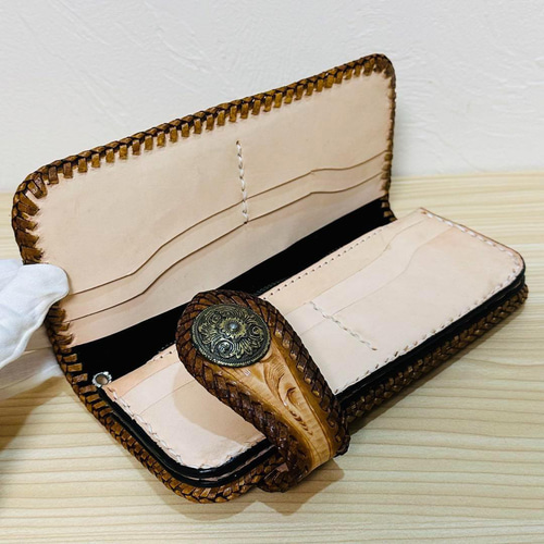 新品ビンテージ☆花柄カービングの長財布 ロングウォレット 本革