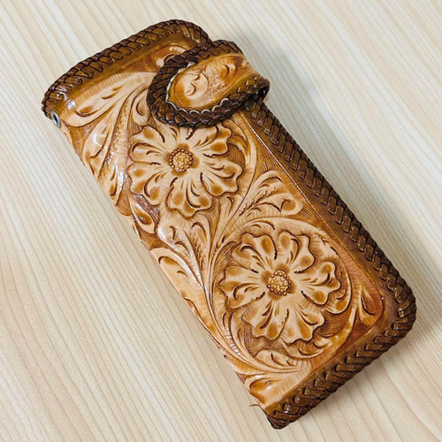 新品ビンテージ☆花柄カービングの長財布 ロングウォレット 本革