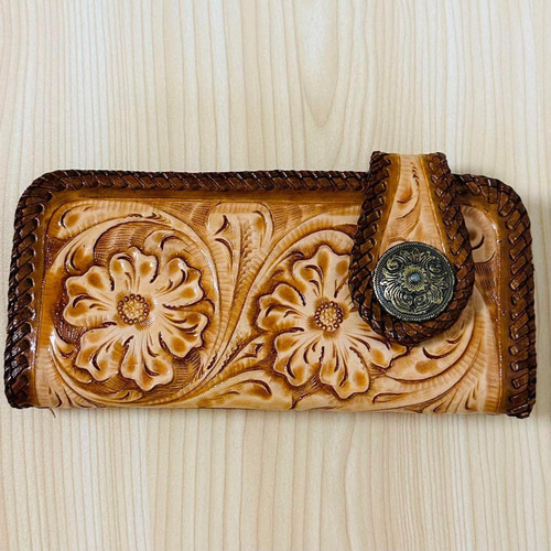 新品ビンテージ☆花柄カービングの長財布 ロングウォレット 本革
