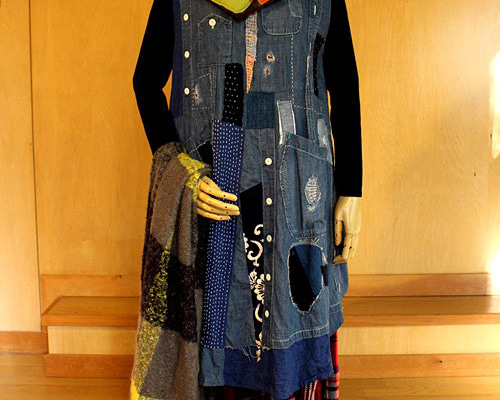 マンズ となりました。手作業 刺子 デニム 襤褸 Aライン ワンピース