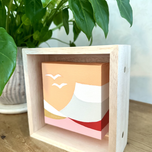 富士山とカモメ」棚に飾れる絵画／原画／北欧モダン／海／夕日