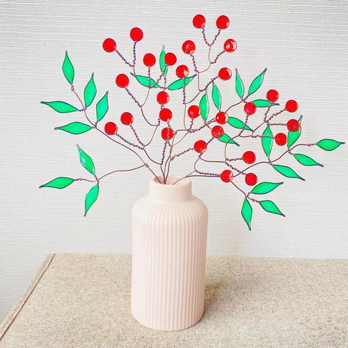 ✧︎*。一点物✧︎*。ポポラスと赤い実のワイヤースワッグ 冬インテリア #22 ワイヤークラフト レジン 千両 赤い実 スワッグ ガラス絵の具 正月