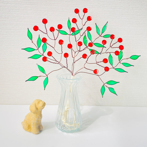 ✧︎*。一点物✧︎*。ポポラスと赤い実のワイヤースワッグ 冬インテリア #22 ワイヤークラフト レジン 千両 赤い実 スワッグ ガラス絵の具 正月