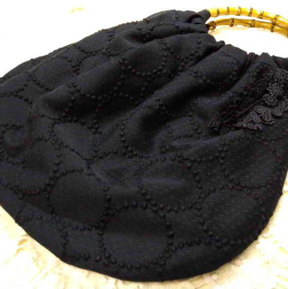 バンブー持ち手のバッグ＊mina perhonenのファブリックを使って＊タンバリン黒（片面黒無地）ミナ        Ω 人気・おすすめ｜使いやすい・旅行におすすめ 品質保証 全国発送