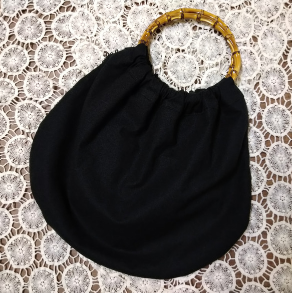 バンブー持ち手のバッグ＊mina perhonenのファブリックを使って＊タンバリン黒（片面黒無地）ミナ        Ω 人気・おすすめ｜使いやすい・旅行におすすめ 品質保証 全国発送