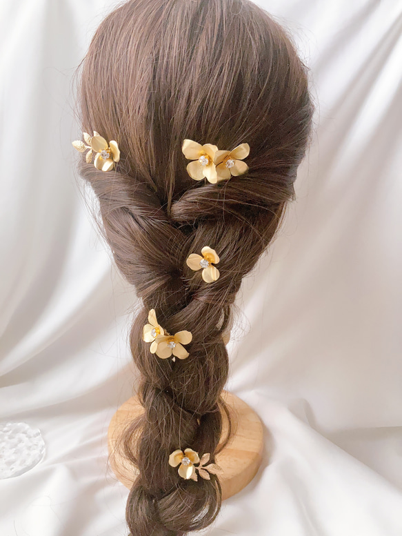 アンティークフラワーと葉のヘアピンセット　ヘアアクセサリー　フラワー　結婚式　ブライダル　ヘアピン　成人式　ウェディング 4枚目の画像