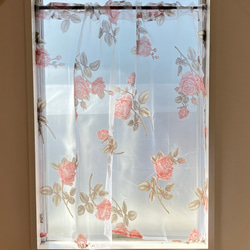 幅 98cm × 丈 90cm カフェカーテン レビュー特典 ピンク系 薔薇 のれん ラメ ゴールド 小窓 1枚目の画像