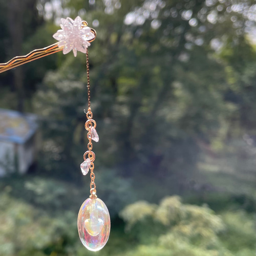 レジンヘアゴム  シャボン玉　お花　パール　キラキラ　ピンク レジンヘアゴム シャボン玉お花パールキラキラピンク