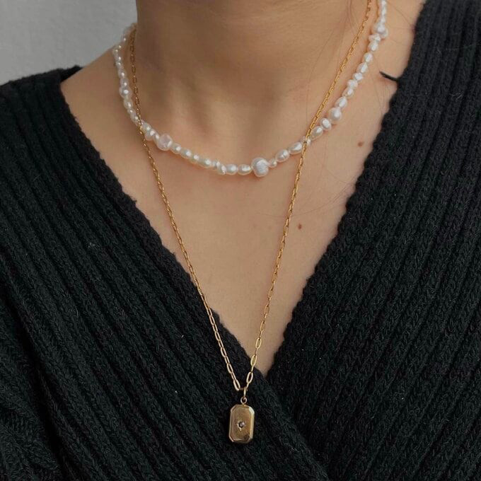 淡水パールネックレス ステンレスジルコニアチャームチェーンネックレス 2点 Special set