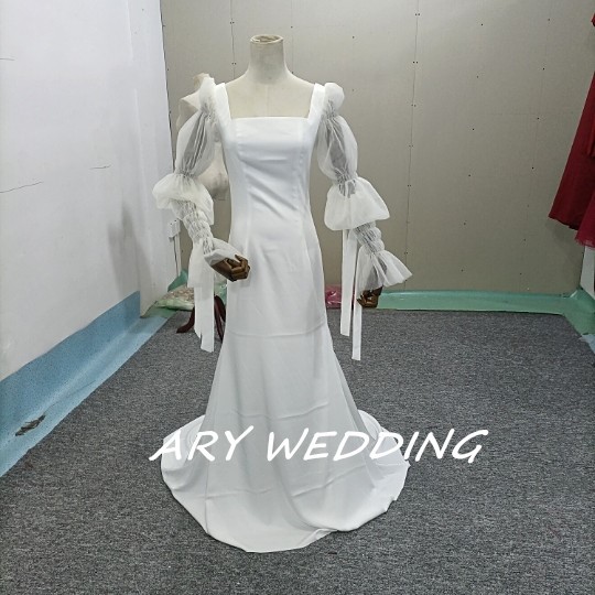 フランス風 スクエアネック  姫袖 ウエディングドレス   マーメイドライン 2次会/披露宴/挙式/前撮り