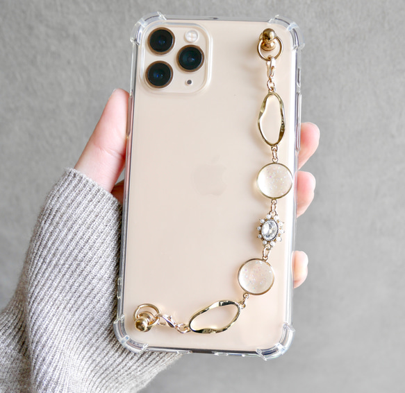 lキーリングハンガー　スマホケース　iPhoneケース　ストラップ　全機種　スマホチェーン　ゴールド　クリア 1枚目の画像