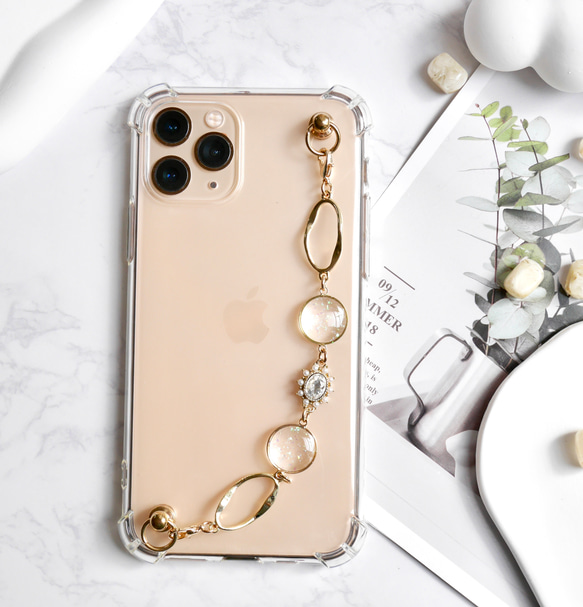lキーリングハンガー　スマホケース　iPhoneケース　ストラップ　全機種　スマホチェーン　ゴールド　クリア 2枚目の画像